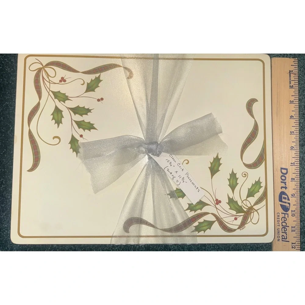 Lenox Holiday Holly Plaid Ribbon Cork Backed Placemats Set of 5 Christmas Cream